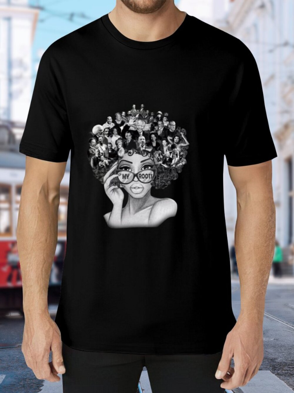 Black Graphic Tee with 'My Roots' Illustration - Men's Short Sleeve